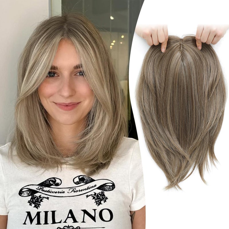 Hair Toppers for Women Adding Hair Volume Short Bob Hair Topper with 65x65inch Big Base Clip in Wiglets with Fringe Fiber Hairpieces for Women with Thinning HairAsh Light Brown with Highlights
