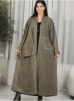 brown color abaya with pockets and jacket made of velvet fabric