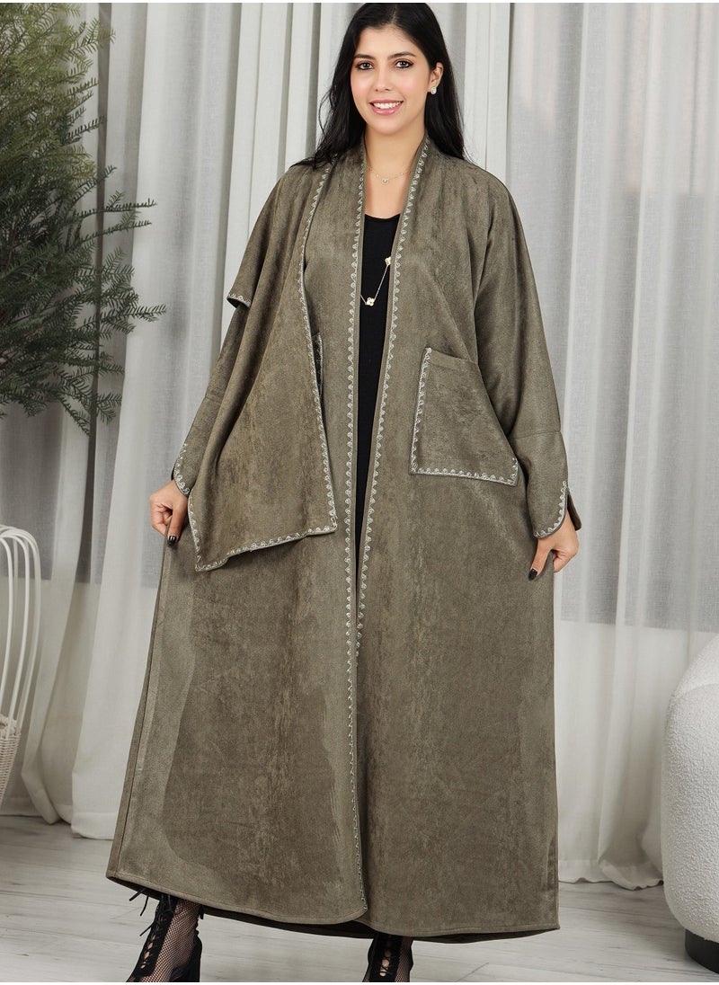 MyesuQ - brown color abaya with pockets and jacket made of velvet fabric - Image 1