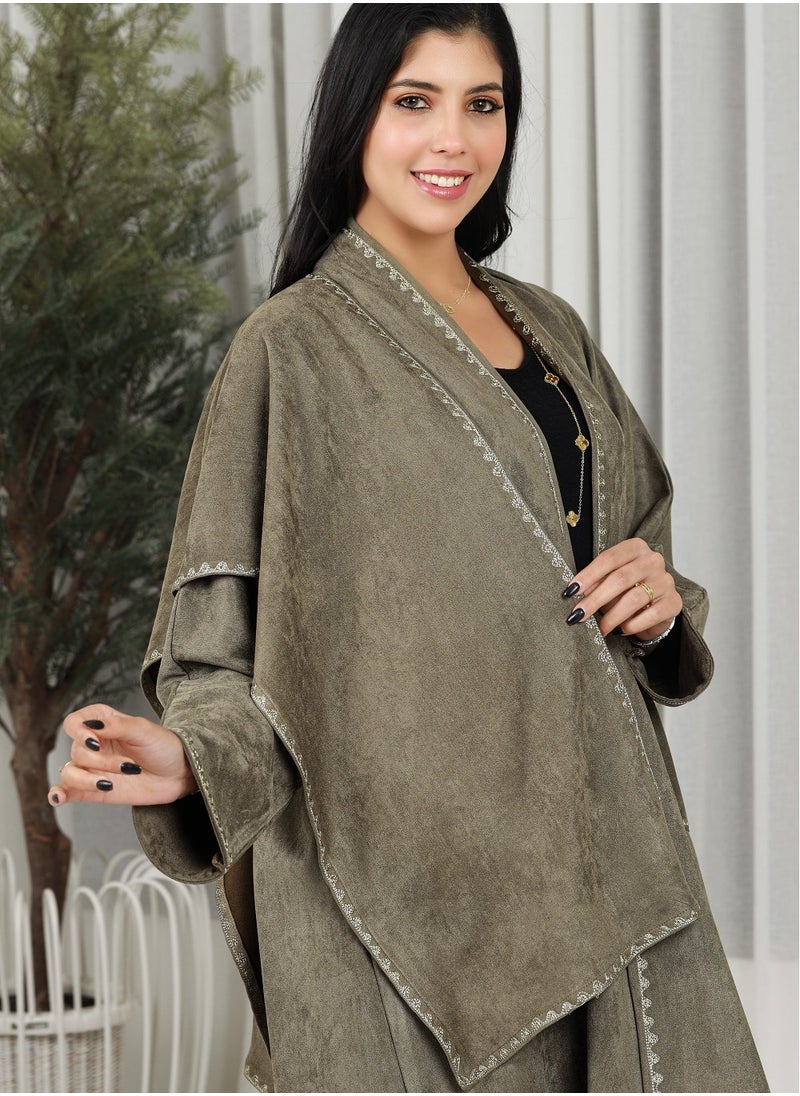 MyesuQ - brown color abaya with pockets and jacket made of velvet fabric - Image 1