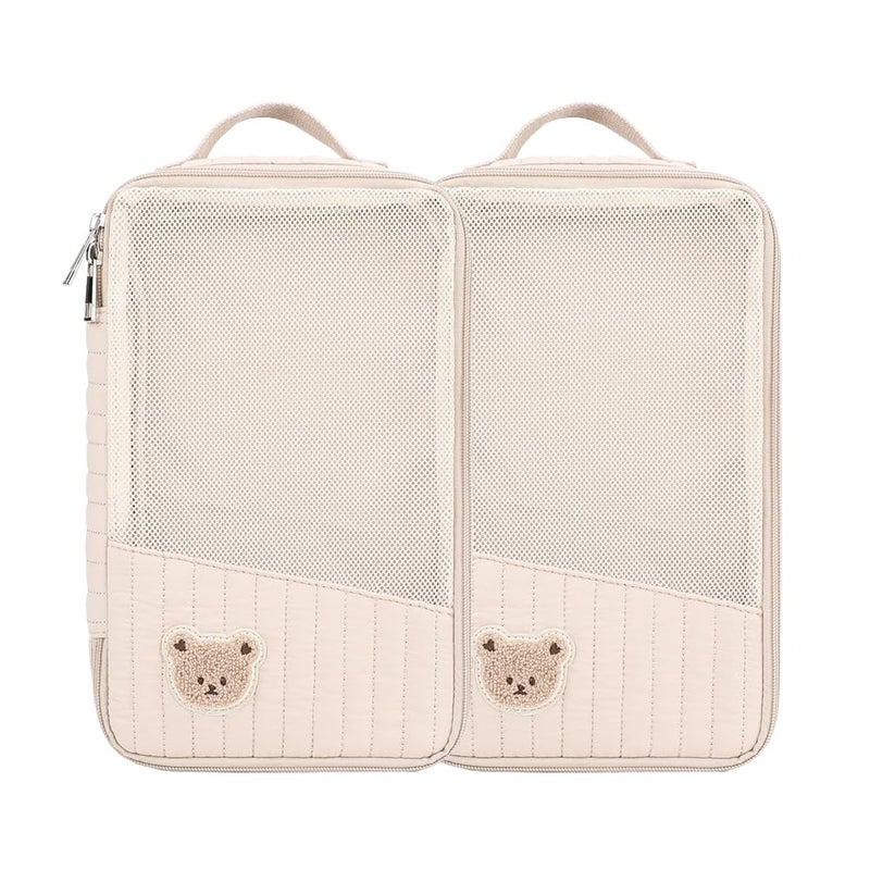 MOMIGO Baby Diaper Bag Organizer Pouches - 2 Pack Waterproof Pod Hanging Diaper Bag Cute Rabbit Bear Mesh Bag Reusable, Washable or Baby Cloth Diapers (Khaki) - Image 1