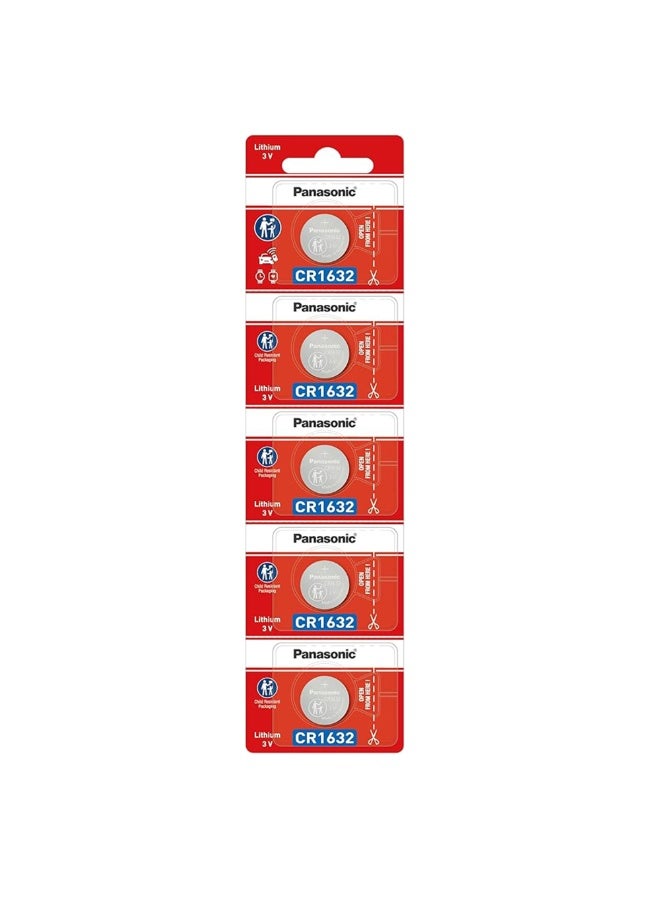 Panasonic Lithium 3V Coin Battery CR1632, Pack of 5