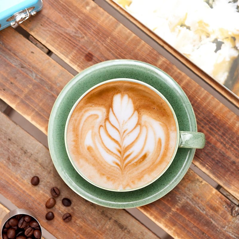 Coffeezone Vintage Design 12 oz Ceramic Latte Art Cappuccino Barista Cup with Saucer Green - Image 2