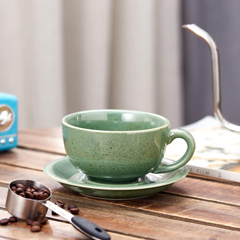 Coffeezone Vintage Design 12 oz Ceramic Latte Art Cappuccino Barista Cup with Saucer Green - Image 3