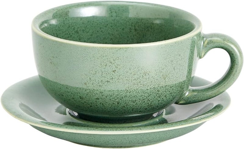 Coffeezone Vintage Design 12 oz Ceramic Latte Art Cappuccino Barista Cup with Saucer Green - Image 1