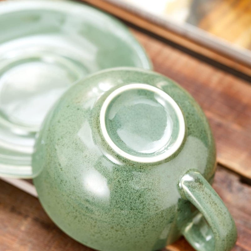 Coffeezone Vintage Design 12 oz Ceramic Latte Art Cappuccino Barista Cup with Saucer Green - Image 5