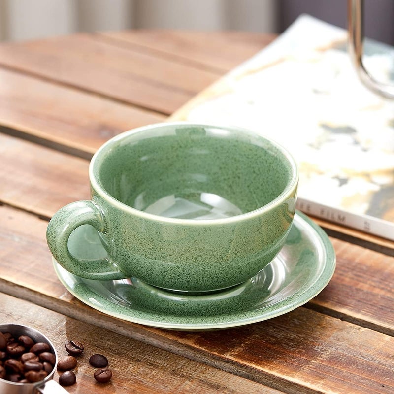 Coffeezone Vintage Design 12 oz Ceramic Latte Art Cappuccino Barista Cup with Saucer Green - Image 4
