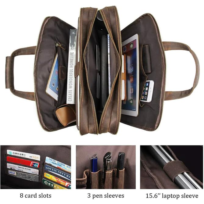 MaheTri Crazy Horse Leather Briefcase (Upto15.6) | Genuine Leather Laptop Messenger Bag (Vintage Brown) | Vintage Buffalo Leather Office Bag | Adjustable Strap, Brass Buckle | Handmade Travel Satchel - Image 3