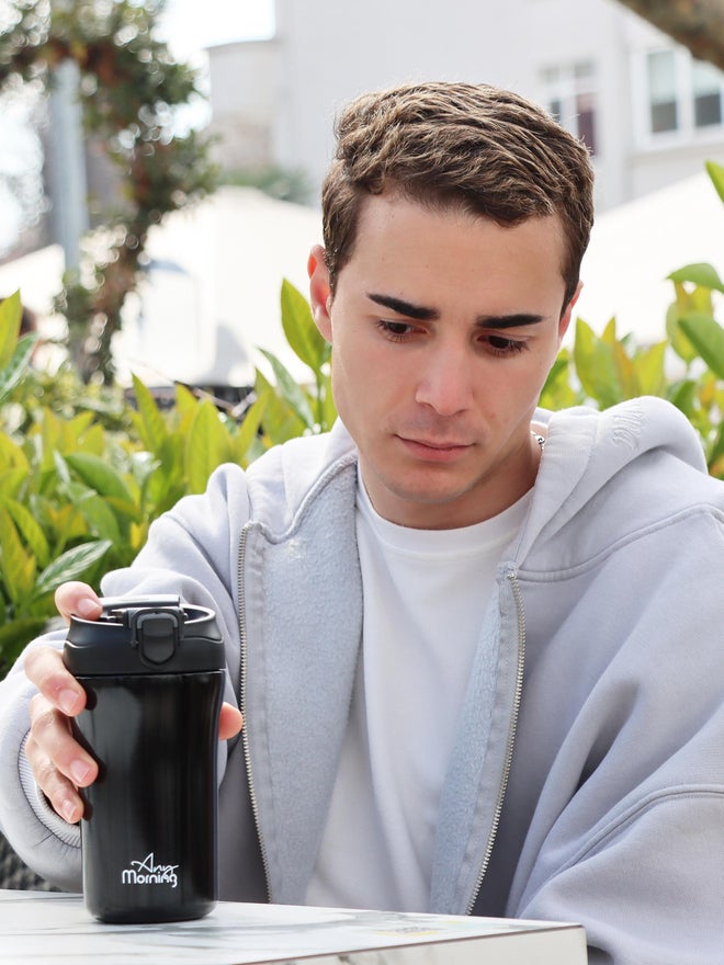 Any Morning Insulated Stainless Steel Travel Coffee Mug with Lid and Straw 400ml Black - Image 4