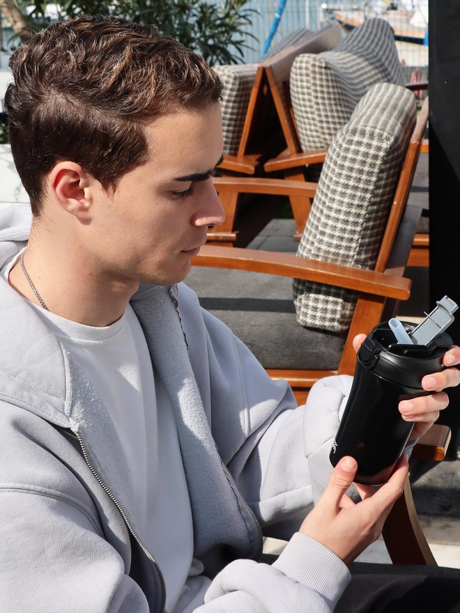 Any Morning Insulated Stainless Steel Travel Coffee Mug with Lid and Straw 400ml Black - Image 5