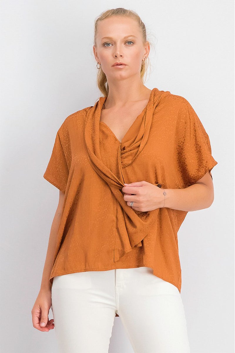MANGO Women Draped Blouse, Caramel - Image 1