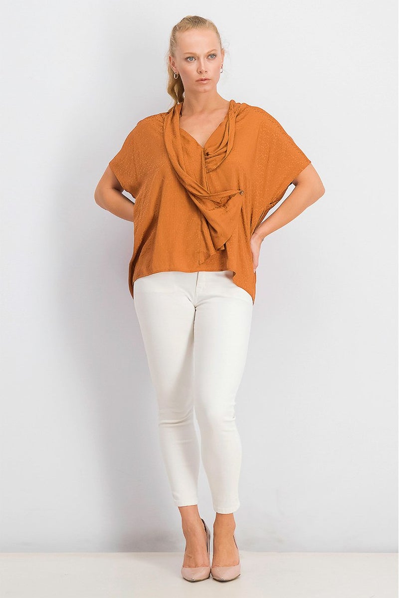 MANGO Women Draped Blouse, Caramel - Image 3