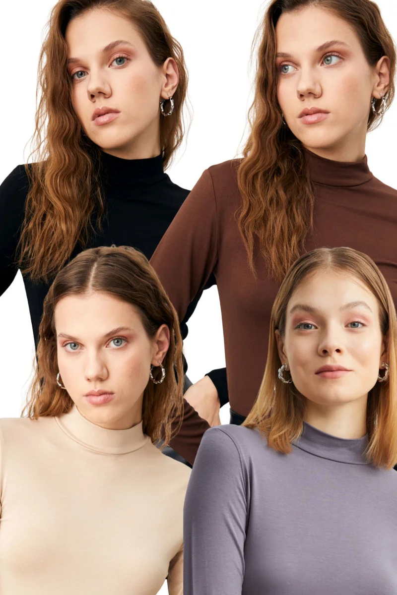 بيبانتولون BIPANTOLON Women's 4-Pack Slim Fit Turtleneck Bodysuits
