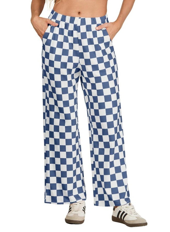 IWOLLENCE Women's Casual Loose Checkered Wide Leg Pants High Waist Straight Lounge Y2K Gingham Trousers Summer, Cd-navy White, L - Image 2