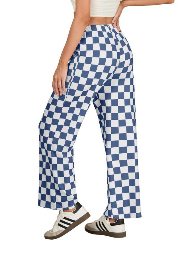 IWOLLENCE Women's Casual Loose Checkered Wide Leg Pants High Waist Straight Lounge Y2K Gingham Trousers Summer, Cd-navy White, L - Image 4