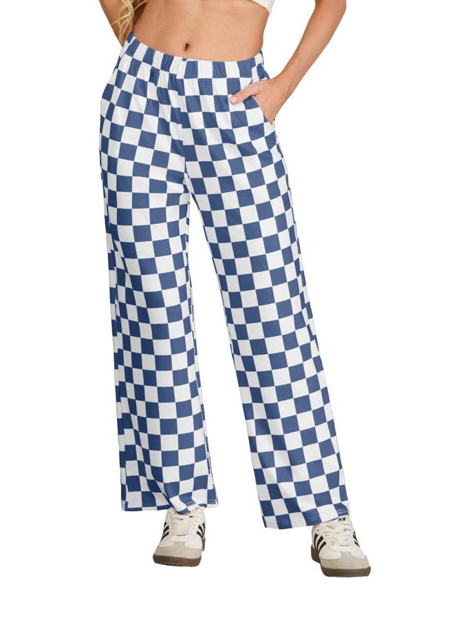 IWOLLENCE Women's Casual Loose Checkered Wide Leg Pants High Waist Straight Lounge Y2K Gingham Trousers Summer, Cd-navy White, L - Image 3