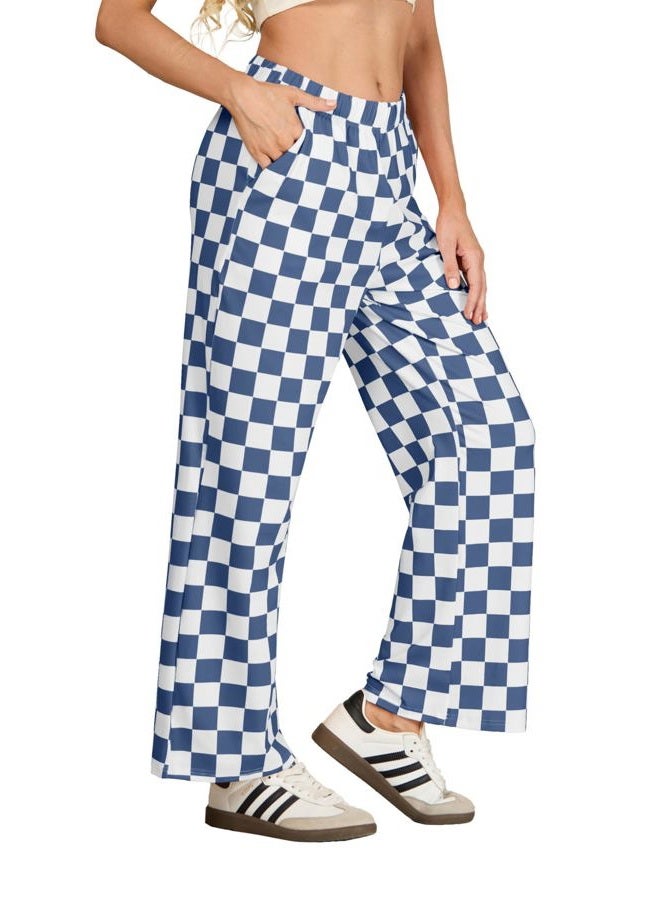 IWOLLENCE Women's Casual Loose Checkered Wide Leg Pants High Waist Straight Lounge Y2K Gingham Trousers Summer, Cd-navy White, L - Image 5