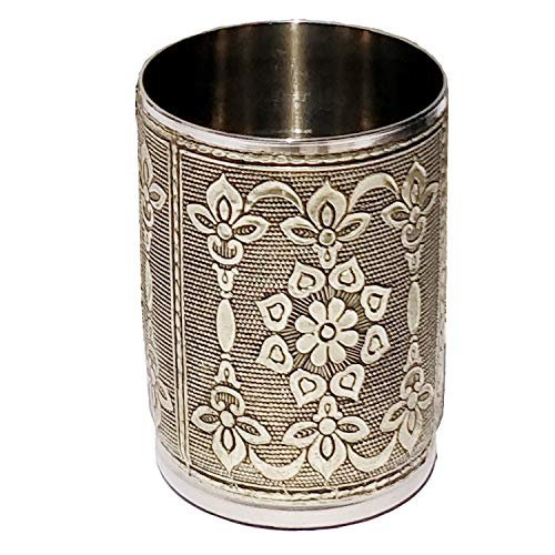 9UP Silver Designer Rajwadi Handcrafted Steel Drinking Glass Cocktail Drinking Stainless Steel Silver Designer Glass Set 200ml Set of 6Pcs - Image 3