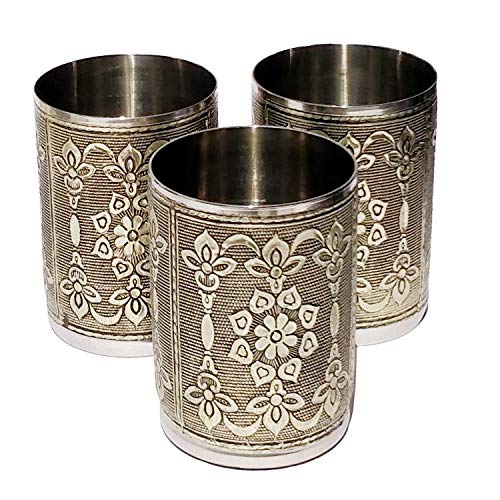 9UP Silver Designer Rajwadi Handcrafted Steel Drinking Glass Cocktail Drinking Stainless Steel Silver Designer Glass Set 200ml Set of 6Pcs - Image 2