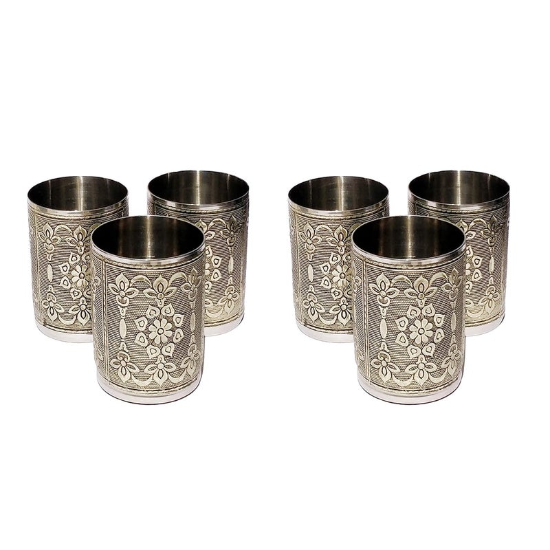 9UP Silver Designer Rajwadi Handcrafted Steel Drinking Glass Cocktail Drinking Stainless Steel Silver Designer Glass Set 200ml Set of 6Pcs - Image 1
