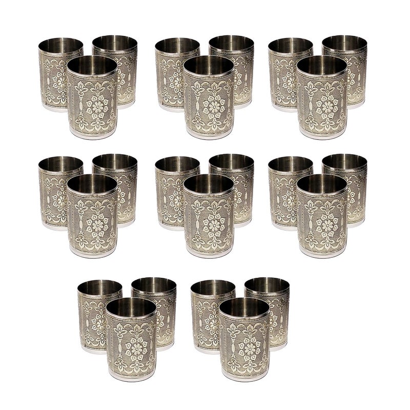 9UP Silver Designer Rajwadi Handcrafted Steel Drinking Glass Cocktail Drinking Stainless Steel Silver Designer Glass Set 200ml Set of 6Pcs - Image 5