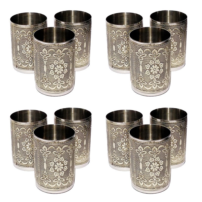 9UP Silver Designer Rajwadi Handcrafted Steel Drinking Glass Cocktail Drinking Stainless Steel Silver Designer Glass Set 200ml Set of 6Pcs - Image 4