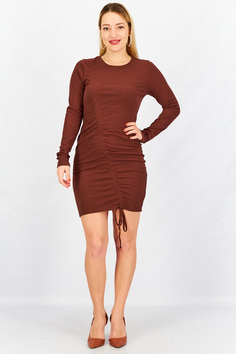 STEVE MADDEN BB Dakota by Steve Madden Women Asymmetrical Ruched Detail Mini Dress, Brown - Image 4