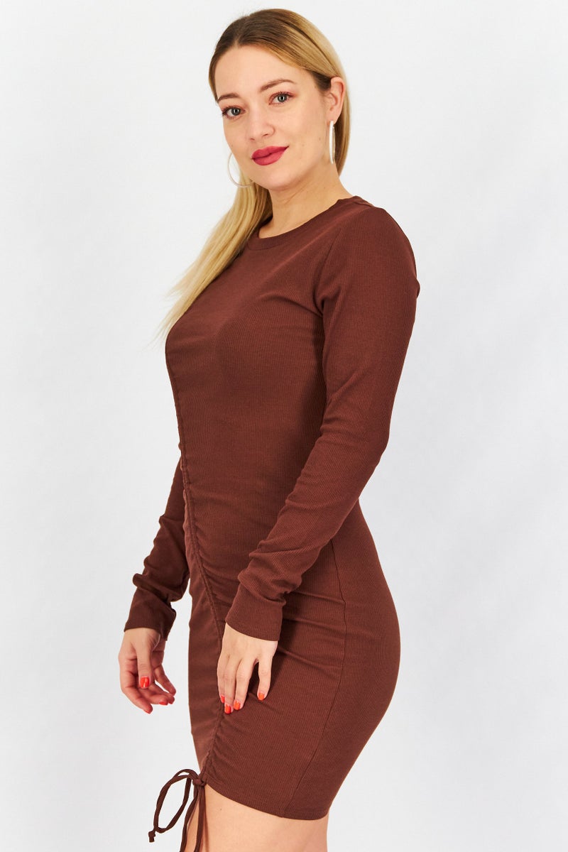 STEVE MADDEN BB Dakota by Steve Madden Women Asymmetrical Ruched Detail Mini Dress, Brown - Image 3