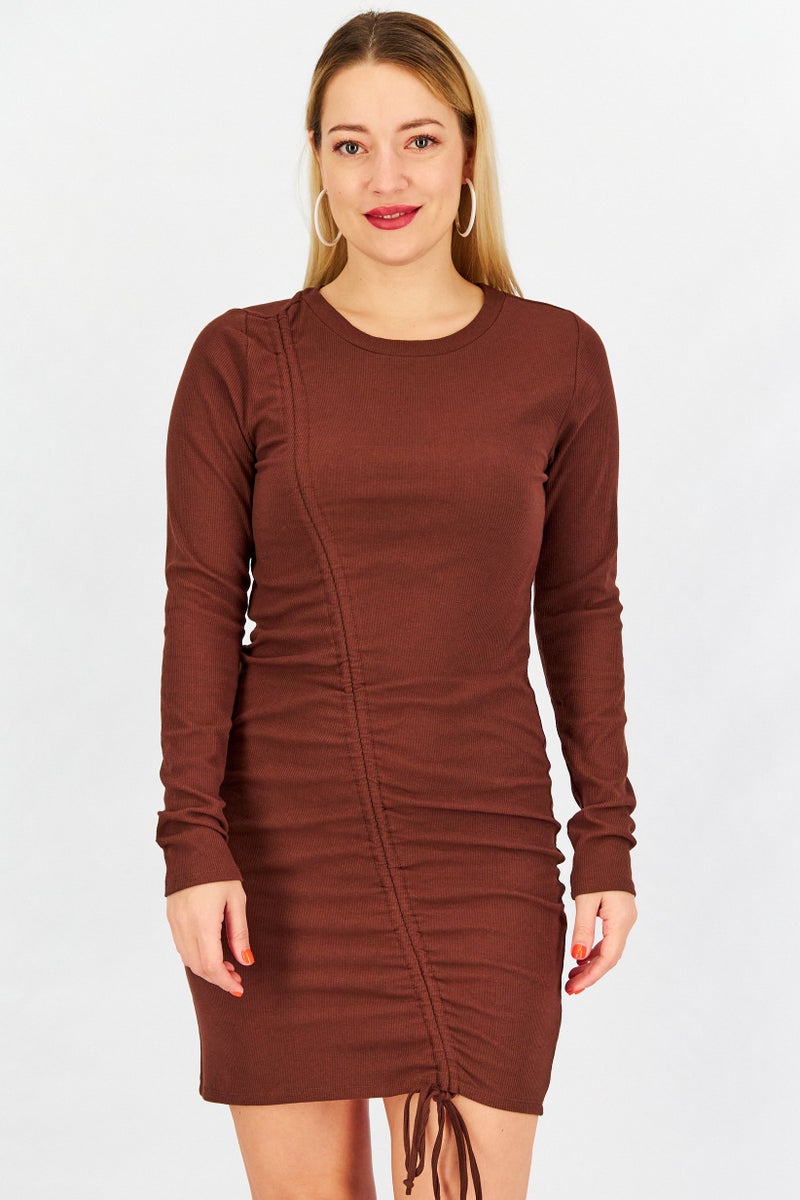 STEVE MADDEN BB Dakota by Steve Madden Women Asymmetrical Ruched Detail Mini Dress, Brown - Image 1