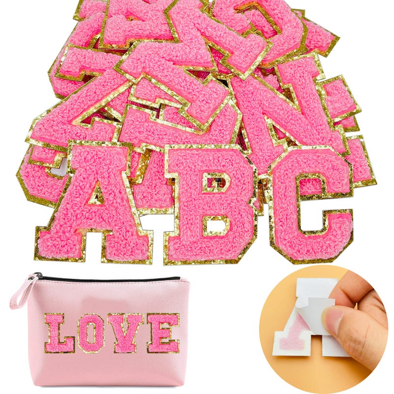 Jongdari Chenille Letter Patches SelfAdhesive  IronOn Letters 52pcs Varsity Fuzzy Patch Glitter Alphabet  26pcs Pink