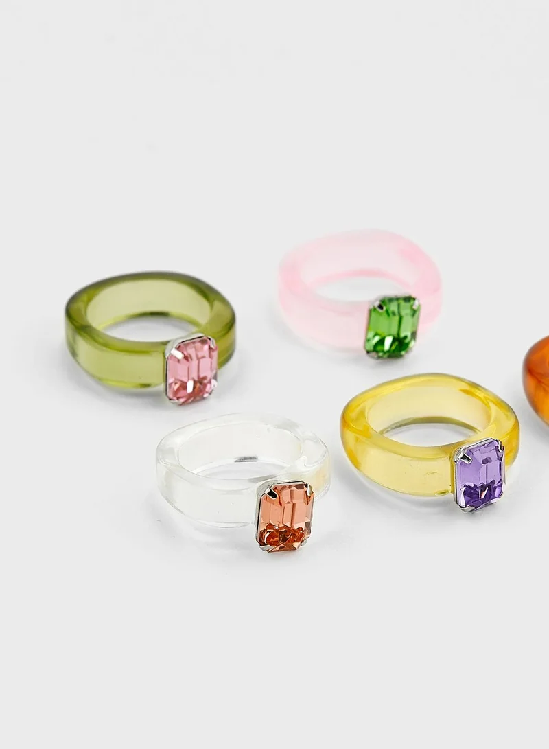 Ginger 5 Pack Of Chunky Transparent Plastic Gem Stone Rings