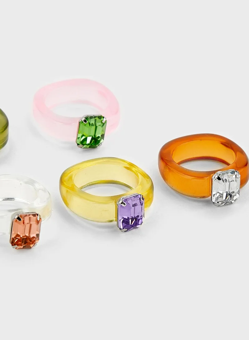 Ginger 5 Pack Of Chunky Transparent Plastic Gem Stone Rings