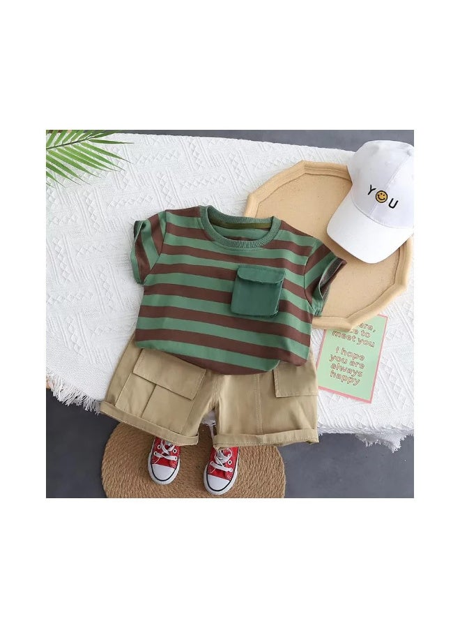 MiniMe Kids’ Striped Tee & Cargo Shorts Set |24-36 Months | Beige, Green, Khaki Stripe | Cotton | Elastic Waistband & Drawstring | Breathable, Durable & Machine Washable - Image 2