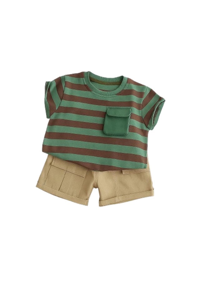 MiniMe Kids’ Striped Tee & Cargo Shorts Set |24-36 Months | Beige, Green, Khaki Stripe | Cotton | Elastic Waistband & Drawstring | Breathable, Durable & Machine Washable - Image 1