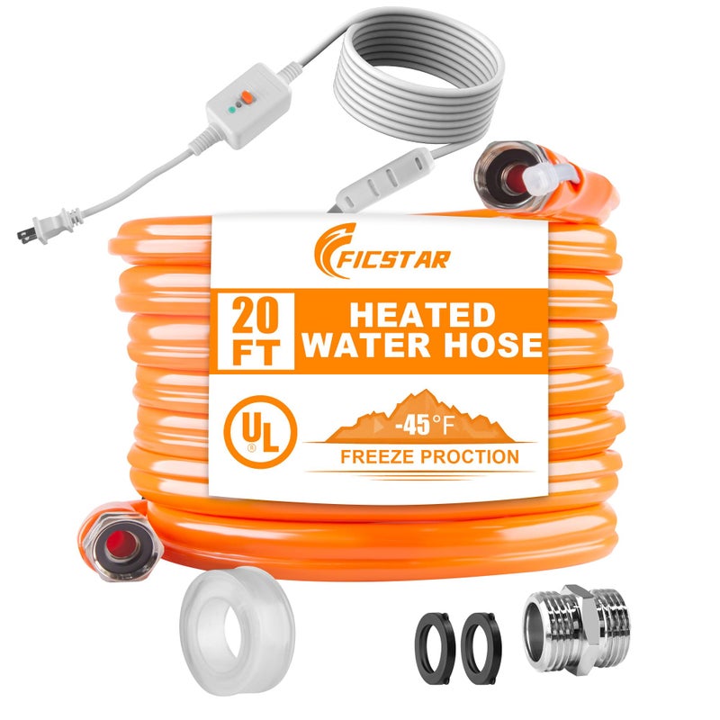Ficstar 20FT Heated Water Hose for RV, Heated Drinking Water Hose Antifreeze to -45Â°F, Water Heater Thermostat with Self-regulating Function, 5/8" I.D. with 3/4" GHT Adapter, Lead and BPA Free,No Odor - Image 1