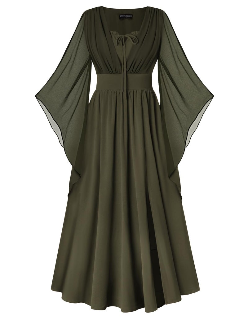 Scarlet Darkness Renaissance Dress Women Bell Sleeve Fairy Dresses Witch Costume Split Maxi Dress with Pockets Olive Green XL - Image 2