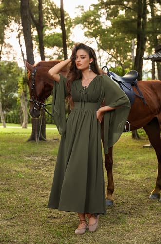 Scarlet Darkness Renaissance Dress Women Bell Sleeve Fairy Dresses Witch Costume Split Maxi Dress with Pockets Olive Green XL - Image 3