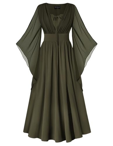 Scarlet Darkness Renaissance Dress Women Bell Sleeve Fairy Dresses Witch Costume Split Maxi Dress with Pockets Olive Green XL - Image 1