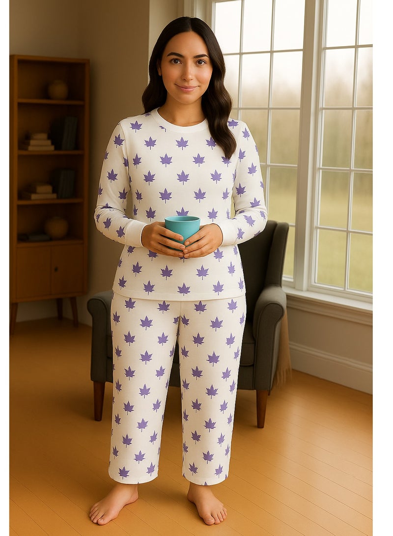 Women's Maple Leaf Print Pajama Set, Long Sleeve, White and Purple Cotton Loungewear, Casual Sleepwear , up to 80 KG - Image 1