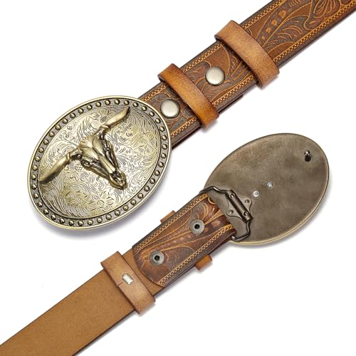 BISON DENIM Men's Western Double embossed leather belts with golden Cowboy Longhorn Bull Pattern Floral Engraved replaceable Buckle Belt - Image 4