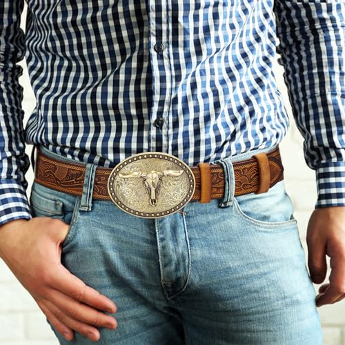 BISON DENIM Men's Western Double embossed leather belts with golden Cowboy Longhorn Bull Pattern Floral Engraved replaceable Buckle Belt - Image 2