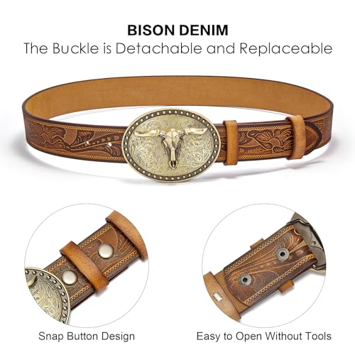 BISON DENIM Men's Western Double embossed leather belts with golden Cowboy Longhorn Bull Pattern Floral Engraved replaceable Buckle Belt - Image 5