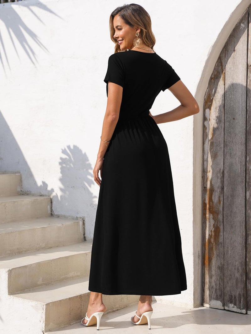 Gracyoga Women's 2025 Trendy Fall Dress Elegant Wrap Dresses for Women Curvy Smocked Vintage A Line Sundresses Vacation Outfit XL Black - Image 5