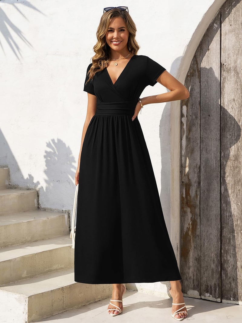 Gracyoga Women's 2025 Trendy Fall Dress Elegant Wrap Dresses for Women Curvy Smocked Vintage A Line Sundresses Vacation Outfit XL Black - Image 4