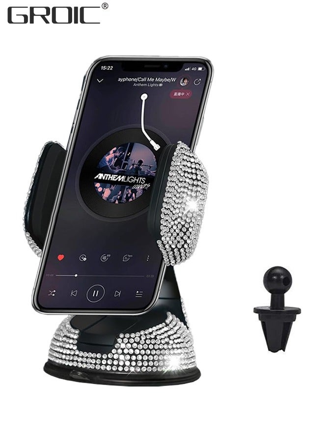 GROIC Dashboard Phone Holder Bling Phone Mount for Car,Car phone holder Mount with One More Air Vent Base,Phone Holder Car Accessories,Universal Car Phone Holder Mount for Windshield and Air Vent,White  - Image 1