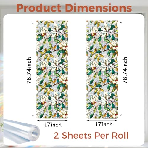Aomkmi 2-Pack Window Privacy Films Stained Glass Rainbow Decal Static Clings UV Blocking Removable Floral Film Office Home Sunroof Window Tinted Stickers, 17 x 78.74 Inch - Image 2