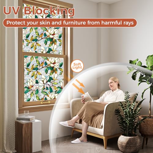 Aomkmi 2-Pack Window Privacy Films Stained Glass Rainbow Decal Static Clings UV Blocking Removable Floral Film Office Home Sunroof Window Tinted Stickers, 17 x 78.74 Inch - Image 3