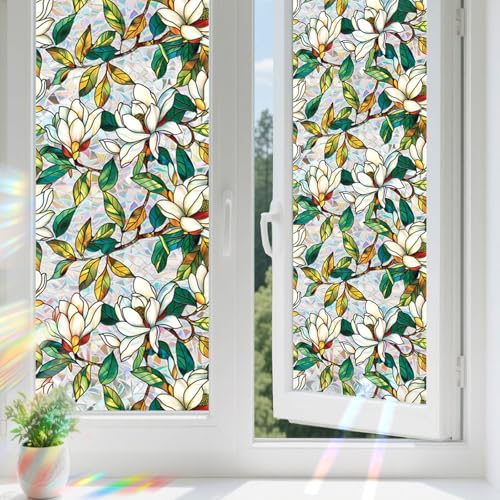 Aomkmi 2-Pack Window Privacy Films Stained Glass Rainbow Decal Static Clings UV Blocking Removable Floral Film Office Home Sunroof Window Tinted Stickers, 17 x 78.74 Inch - Image 1