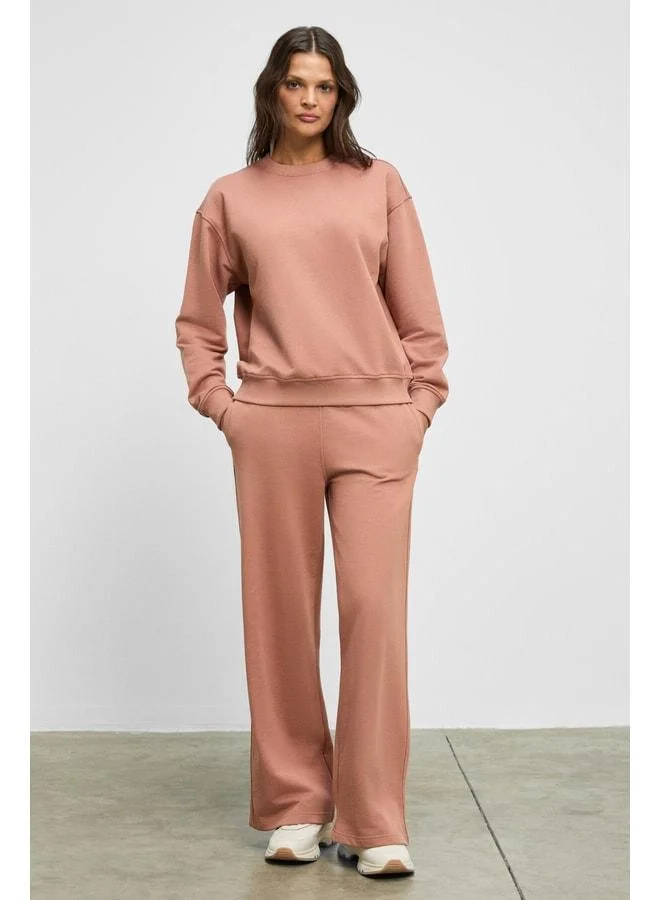 Ethiquet ANSELMA Women's Organic Cotton Regular Waist Elastic Cord Double Pocket Wide Leg Mocha Top-Bottom Set.