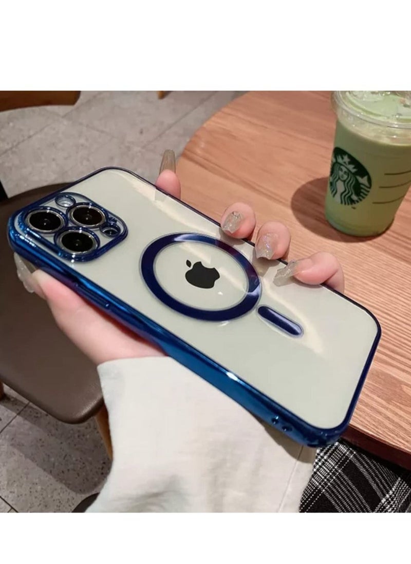 Raxoom Luxury Plating Clear Magnetic For Magsafe Wireless Charge Case Compatible With IPhone 14 Pro|14 Pro Max Soft Silicone Ultraslim Edges Protective TPU PC Hybrid Case(Blue Pro Max) - Image 3